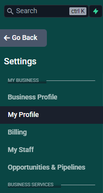 Screenshot of the left sidebar on the "Settings" side which is showing the "My Profile" link as the current page. At the time this screenshot was created, the "My Profile" link is the 2nd link from the top, directly under "Business Profile" and above "Billing".