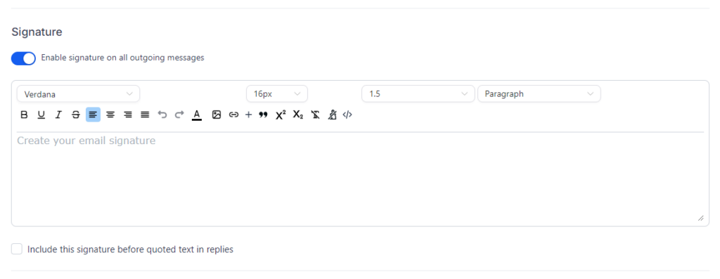 Screenshot of the email signature field inside the User Profile settings which are inside the My Staff settings. There is a toggle switch above the text editor which toggles this feature on.