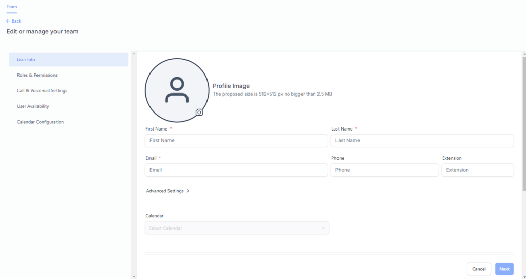 Screenshot of the User Profile settings in the My Staff settings. There is a menu bar on the left that jumps to the different sections. On the right is the User Profile where all the boxes are blank, ready to be filled out with First Name, Last Name, Email, and more.