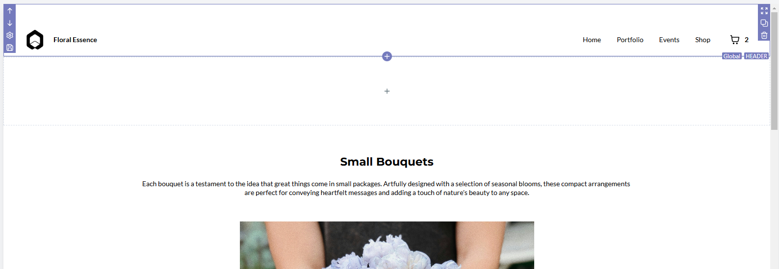 Screenshot of the page builder showing the navigation menu nested inside a Global Section. The global section is outlined in a lavender purple border.