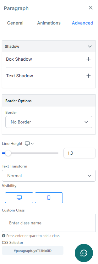 Screenshot of the "Advanced" tab in the settings sidebar of a Paragraph element in the page builder. The "Custom Class" is located near the bottom.