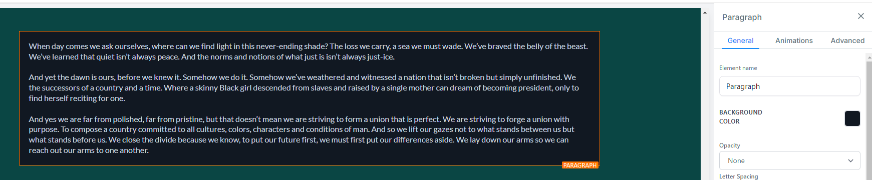 Screenshot of a paragraph element with an orange border to indicate it's a paragraph element. The settings for this paragraph element are visible on the right side of the page. Three tabs are visible at the top of the settings sidebar and they are, from left to right: "General", "Animations", and "Advanced".