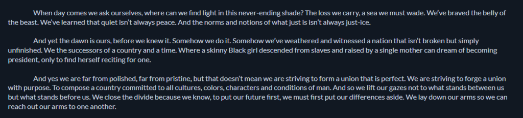 Screenshot of 3 paragraphs of text, each one is left aligned all the way to the left and the first line of each is indented 5 percent. The text itself is from Amanda Gorman's poem that she read during the 2021 inauguration of U.S. President Joe Biden.