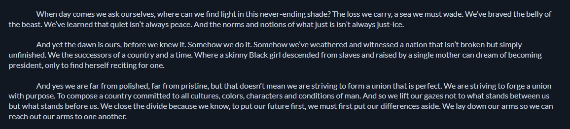 Screenshot of 3 paragraphs of text, each one is left aligned all the way to the left and the first line of each is indented 5 percent. The text itself is from Amanda Gorman's poem that she read during the 2021 inauguration of U.S. President Joe Biden.