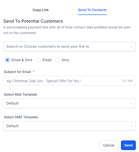 Screenshot of the window that opens when you click the Copy/Send button in Payment Links and then choose the "Send to Contacts" tab.
