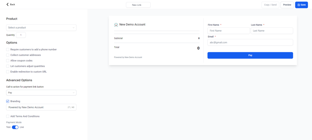 Screenshot of the Payment Link creation page with all the fields blank and ready to fill out.