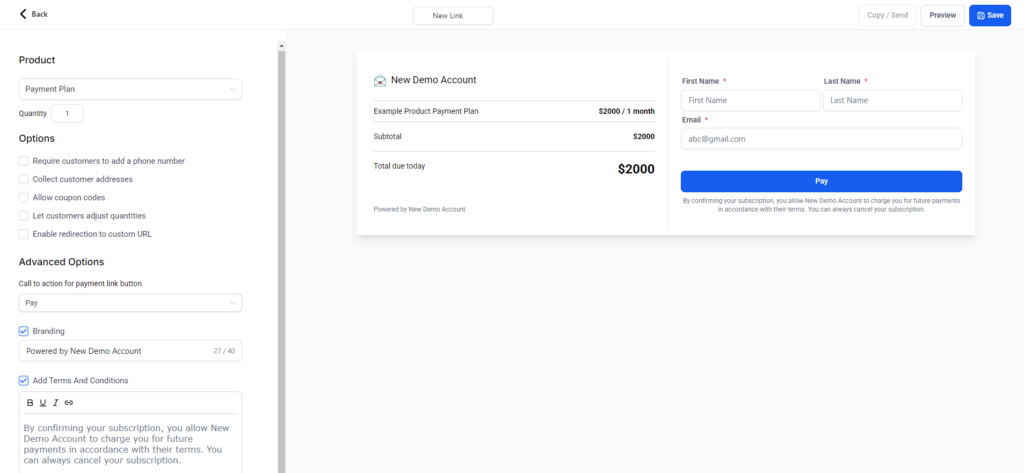 Screenshot of the payment links creation page with a product selected and some of the fields autofilled.