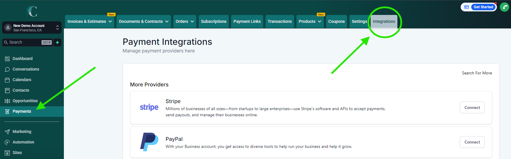 Screenshot of the Payments page in the Main side of the CRM with a bright green arrow pointing at the Integrations tab in the top menu. At the time this screenshot was created, the Integrations tab was the last link on the right in the top menu bar.