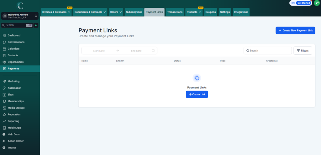 Screenshot of the "Payments" page in the "main" side where the "Payment Links" tab is open. No payment links have been created yet so instead of a list of links, it shows a big blue button to "Create Link".