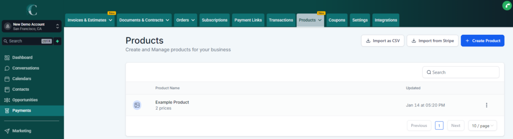 Screenshot of the list of example products on the Products tab. The one example product we created in the tutorial is showing and it says "2 prices" under the name of the product.