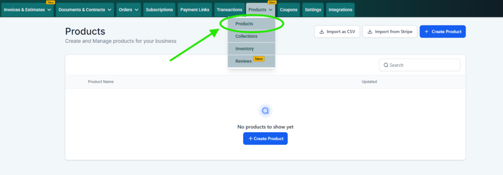Screenshot of the Payments Page that shows the dropdown menu that appears when you hover over the Products tab in the top menu bar. At the time this screenshot was created, "Products" is the first link in the "Products" dropdown menu.