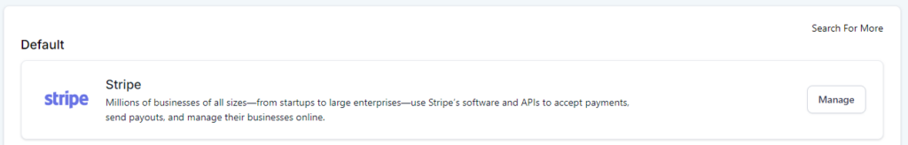 Screenshot of what your Stripe setting looks like on the Integrations tab of the Payments Page once Stripe is connected. The "Connect" button is gone and in its place is a button that says "Manage".