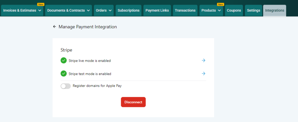 Screenshot of the "Manage" page of the Stripe settings that shows the Test Mode and Live Mode are both connected. There is a toggle switch that is currently off that can be flipped to register for Apple Pay. There's also a bright red button at the bottom center that says "Disconnect".