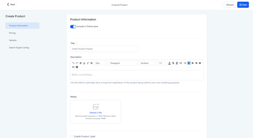 Screenshot of the Product creation page with various empty boxes waiting to be filled in.