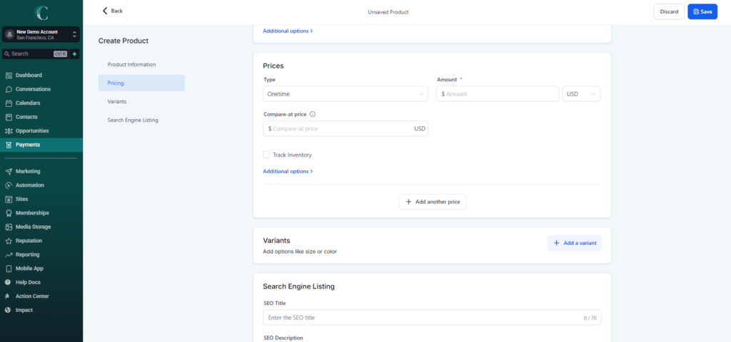Screenshot of the product creation page that shows the "Pricing" section highlighted on the left side of the creation settings and the empty boxes related to the price of the product in the middle of the screen.