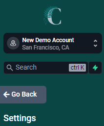 Screenshot of the top of the left sidebar on the Settings side that shows the "Go Back" button clearly. It's positioned directly under the Search box at the top of the left sidebar and is only present on the Settings side, not the Main side.