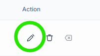 Screenshot of the 3 icons under the "Action" column in the list of users in the "My Staff" settings page. From left to right, the icons are: a pencil to edit this user profile, a trash can to delete this user profile, and an x inside a tag to remove location. The x inside a tag is rarely clickable and therefore greyed out. In this screenshot, the pencil is circled with a bright green circle.