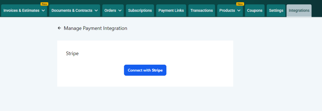 Screenshot of the Fern CRM dashboard showing a blue button that says, "Connect with Stripe" and not much else on the page.
