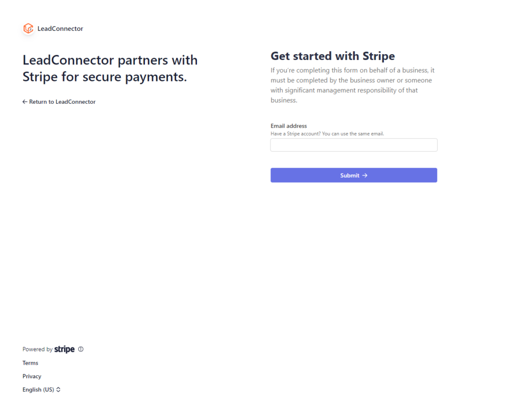 Screenshot of the Lead Connector Page for connecting a Stripe account where the user isn't already logged into Stripe. It's asking for an email and suggesting that it be the same email used for Stripe.