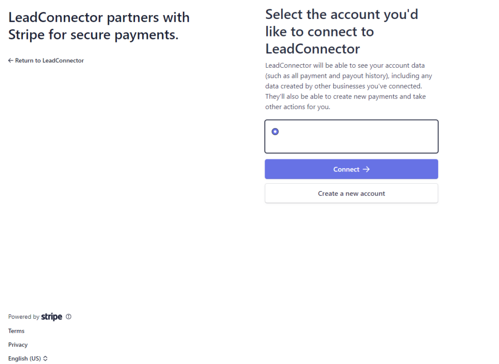 Screenshot of the Lead Connector page that asks you to choose which account you'd like to connect.