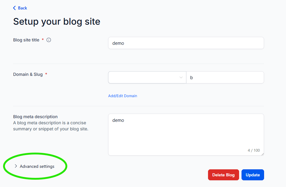 Screenshot of the Settings page for a specific blog site. In the bottom left corner is a link called "Advanced Settings" that has been circled in bright green.