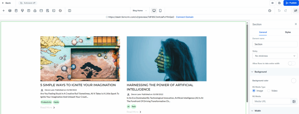 Screenshot of the page builder for a blog home page that shows all the same features and elements as the page builder for website pages, funnel steps, and store pages.