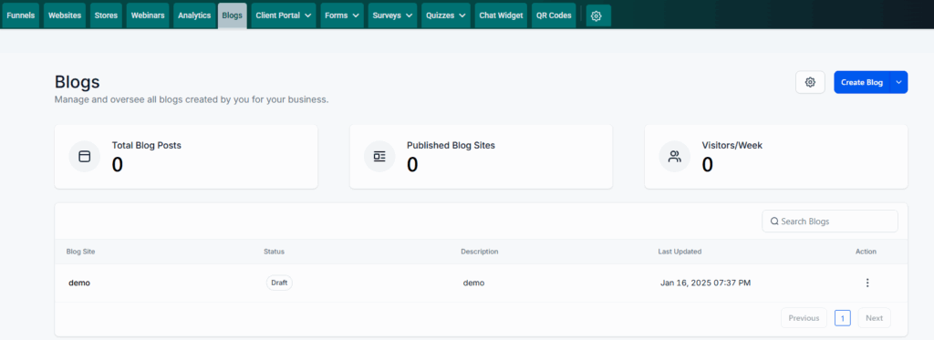 Screenshot of the Blogs dashboard that shows one blog site that is currently in draft mode.