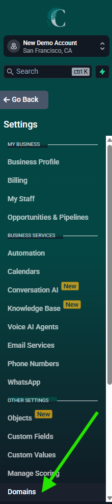 Screenshot of the left sidebar on the Settings side with a bright green arrow pointing to the button for "Domains" near the bottom of the page.