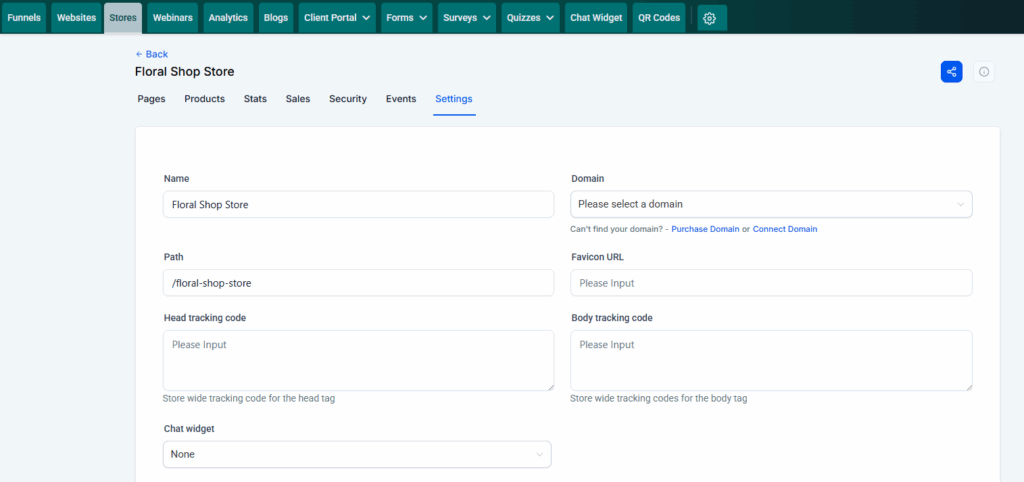 Screenshot of the Settings options for a website that shows where the user can add or modify the name, domain, URL path, tracking codes, and more.