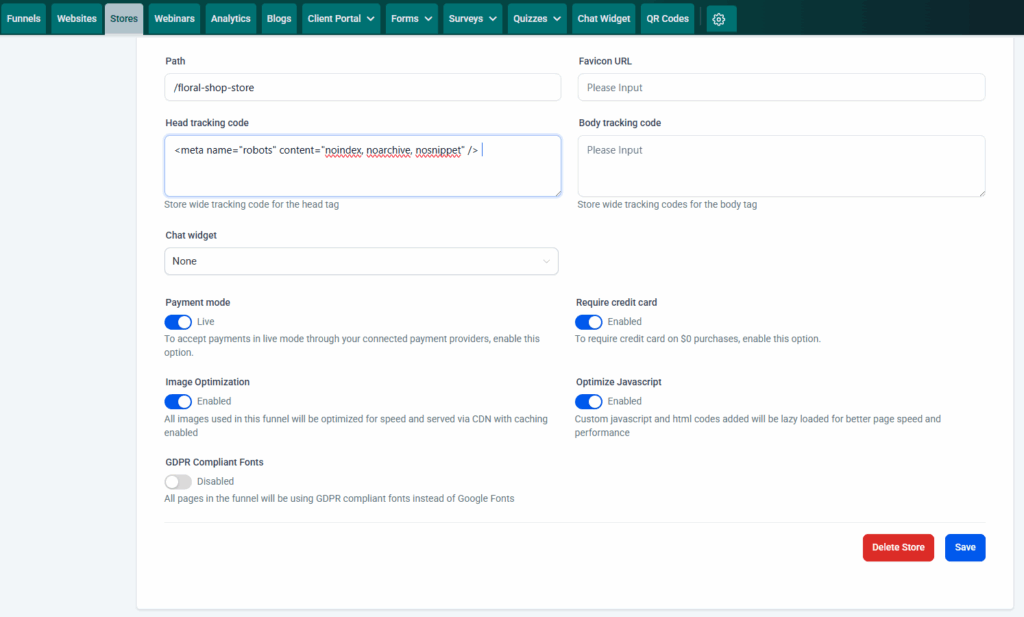 Screenshot of the Settings options for a website that shows where the code snippet to hide this site from search engines has been added to the Header tracking code box and the blue Save button is visible at the bottom right corner of the page.