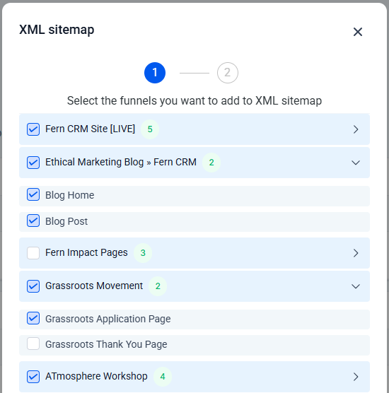 Screenshot of the XML Sitemap settings menu that shows a list of all the funnels, websites, etc. with checkmarks next to the pages included in the Sitemap file.