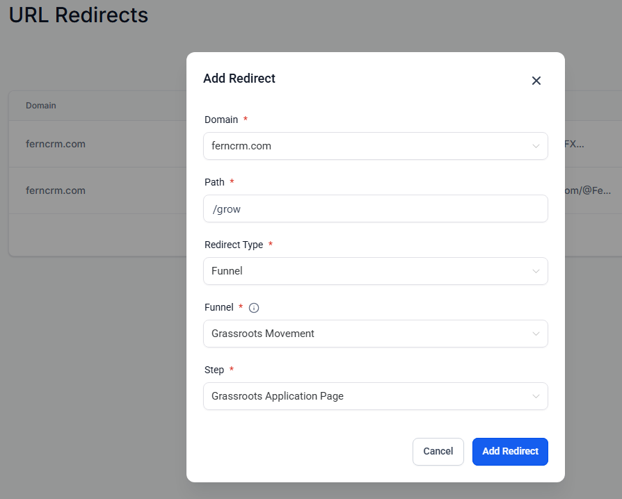 Screenshot of the URL Redirects settings window that shows "Funnel" as the selection under "Redirect Type" and below that it shows the specific funnel selected from the dropdown list and below that it shows the specific page selected from another dropdown list. In the bottom right corner are 2 buttons: on the left is a button labeled, "Cancel" and on the right is a blue button labeled, "Add Redirect".
