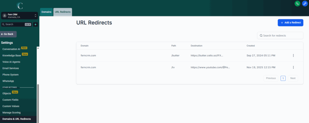 Screenshot of the URL Redirects page that shows the list of URL redirects already created and a blue button in the top right that says, "+ Add a Redirect"